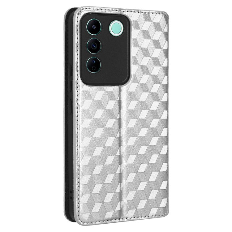 For vivo S16e 5G / V27e 4G PU Leather Phone Case Rhombus Pattern Imprinted Stand Wallet Flip Cover - Silver