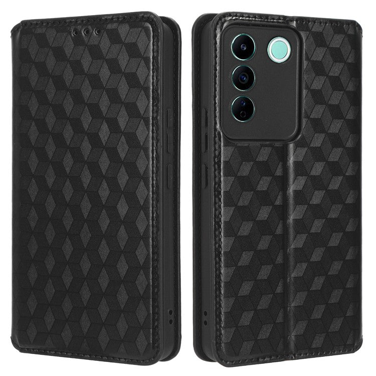 For vivo S16e 5G / V27e 4G PU Leather Phone Case Rhombus Pattern Imprinted Stand Wallet Flip Cover - Black