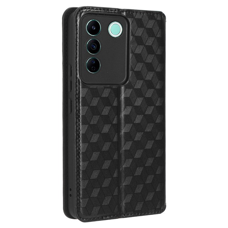 For vivo S16e 5G / V27e 4G PU Leather Phone Case Rhombus Pattern Imprinted Stand Wallet Flip Cover - Black