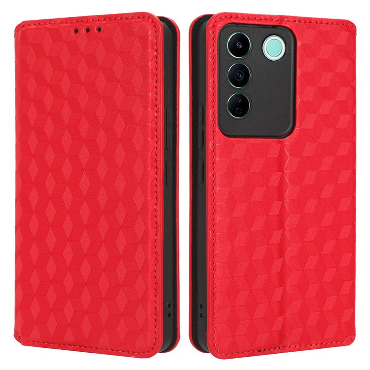 For vivo S16e 5G / V27e 4G PU Leather Phone Case Rhombus Pattern Imprinted Stand Wallet Flip Cover - Red