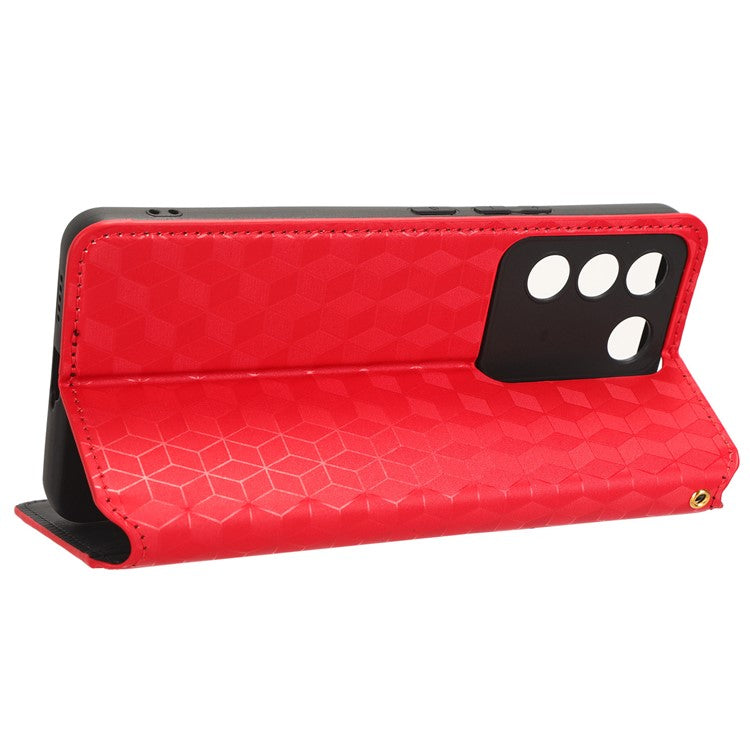 For vivo S16e 5G / V27e 4G PU Leather Phone Case Rhombus Pattern Imprinted Stand Wallet Flip Cover - Red