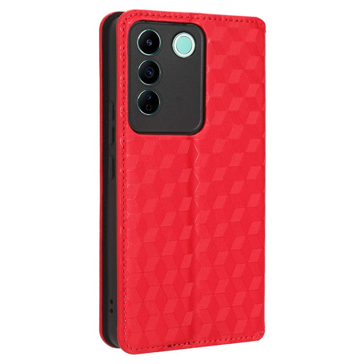 For vivo S16e 5G / V27e 4G PU Leather Phone Case Rhombus Pattern Imprinted Stand Wallet Flip Cover - Red