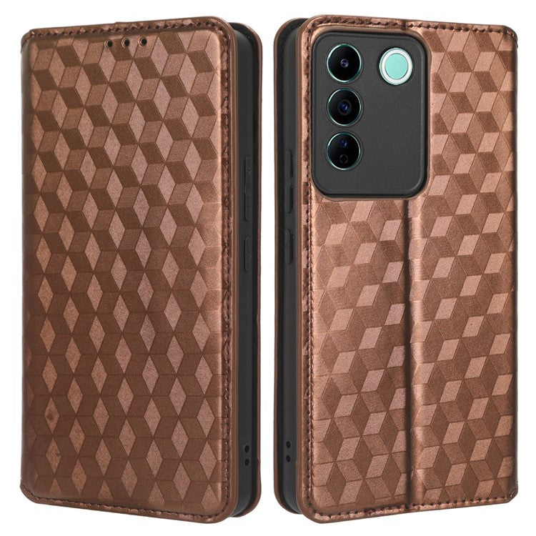 For vivo S16e 5G / V27e 4G PU Leather Phone Case Rhombus Pattern Imprinted Stand Wallet Flip Cover - Brown