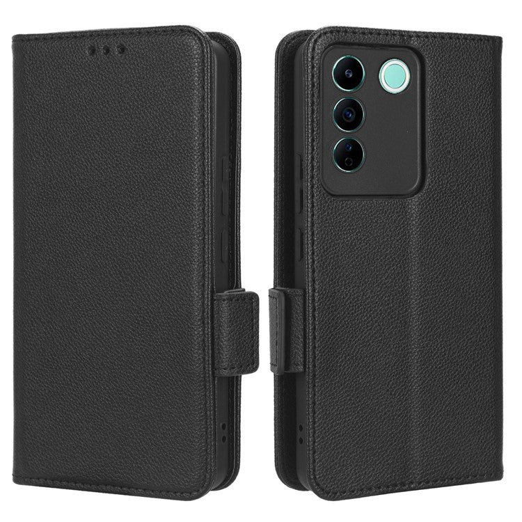 For vivo S16e 5G / V27e 4G Wallet Flip Case PU Leather Litchi Texture Stand Phone Cover with Strap - Black