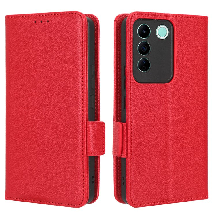 For vivo S16e 5G / V27e 4G Wallet Flip Case PU Leather Litchi Texture Stand Phone Cover with Strap - Red