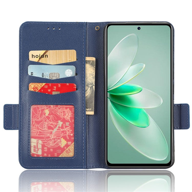 For vivo S16e 5G / V27e 4G Wallet Flip Case PU Leather Litchi Texture Stand Phone Cover with Strap - Dark Blue