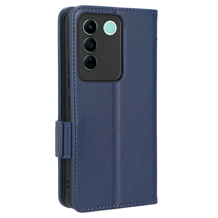 For vivo S16e 5G / V27e 4G Wallet Flip Case PU Leather Litchi Texture Stand Phone Cover with Strap - Dark Blue