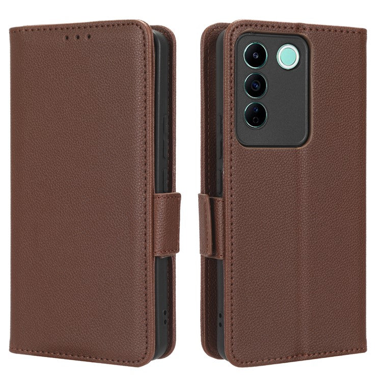 For vivo S16e 5G / V27e 4G Wallet Flip Case PU Leather Litchi Texture Stand Phone Cover with Strap - Brown