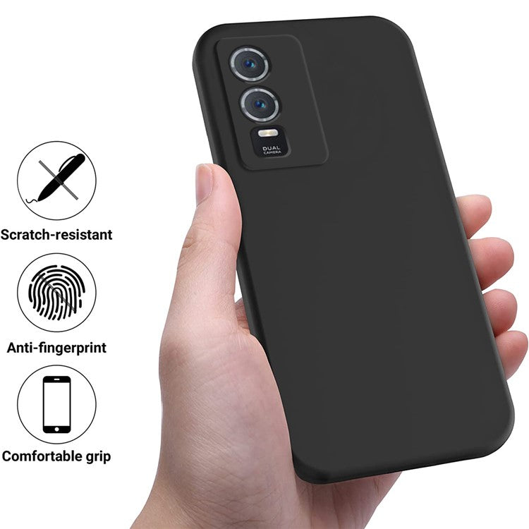 For vivo Y76s / Y76 5G Liquid Silicone Phone Case Soft Lining Anti-scratch Back Cover with Strap - Black