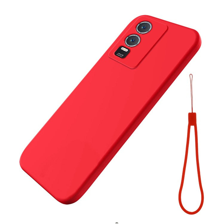 For vivo Y76s / Y76 5G Liquid Silicone Phone Case Soft Lining Anti-scratch Back Cover with Strap - Red