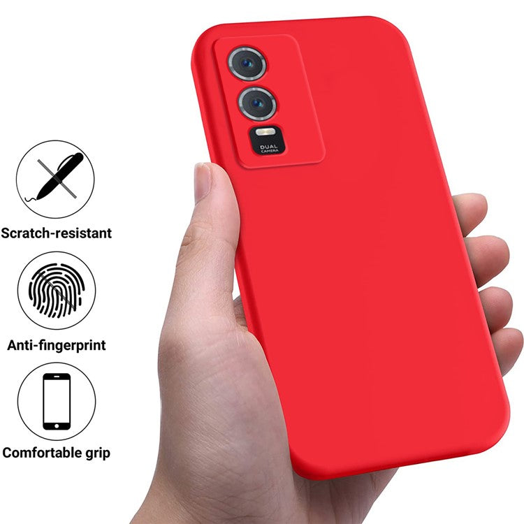 For vivo Y76s / Y76 5G Liquid Silicone Phone Case Soft Lining Anti-scratch Back Cover with Strap - Red