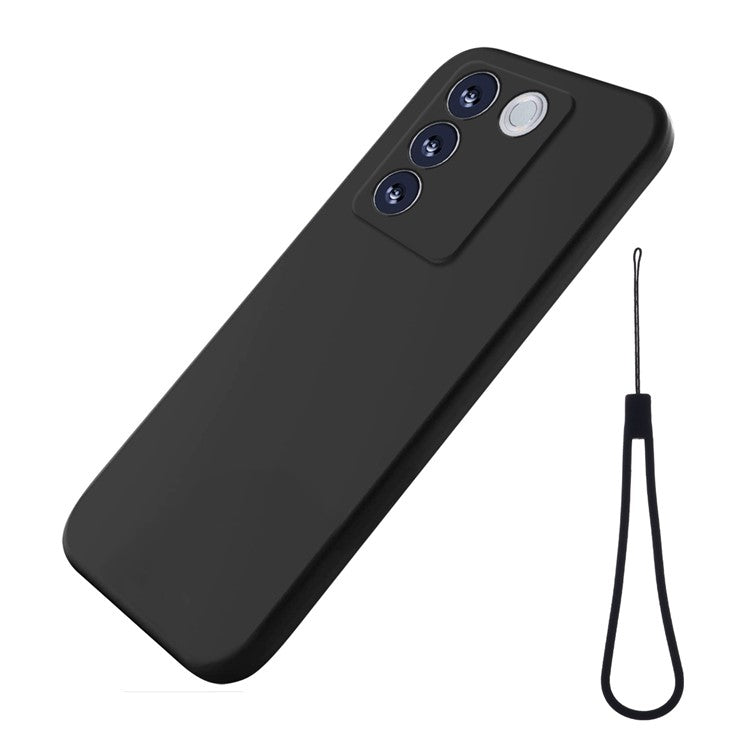 For vivo V27 / V27 Pro / S16 / S16 Pro 5G Liquid Silicone Back Cover Soft Lining Anti-Scratch Phone Case with Strap - Black