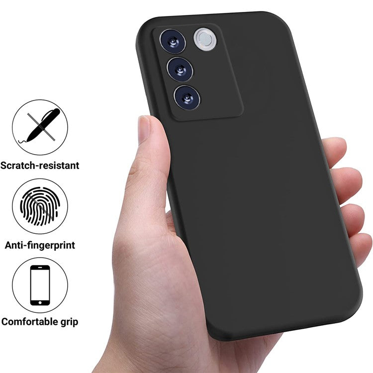 For vivo V27 / V27 Pro / S16 / S16 Pro 5G Liquid Silicone Back Cover Soft Lining Anti-Scratch Phone Case with Strap - Black