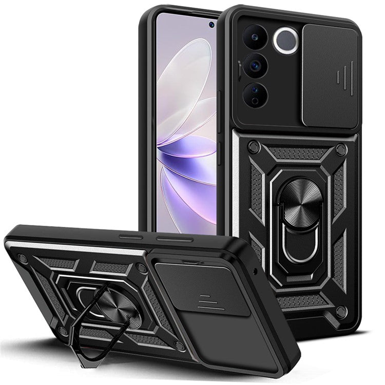 For vivo V27e 4G PC+TPU Phone Case Slide Lens Protection Shockproof Kickstand Phone Cover - Black