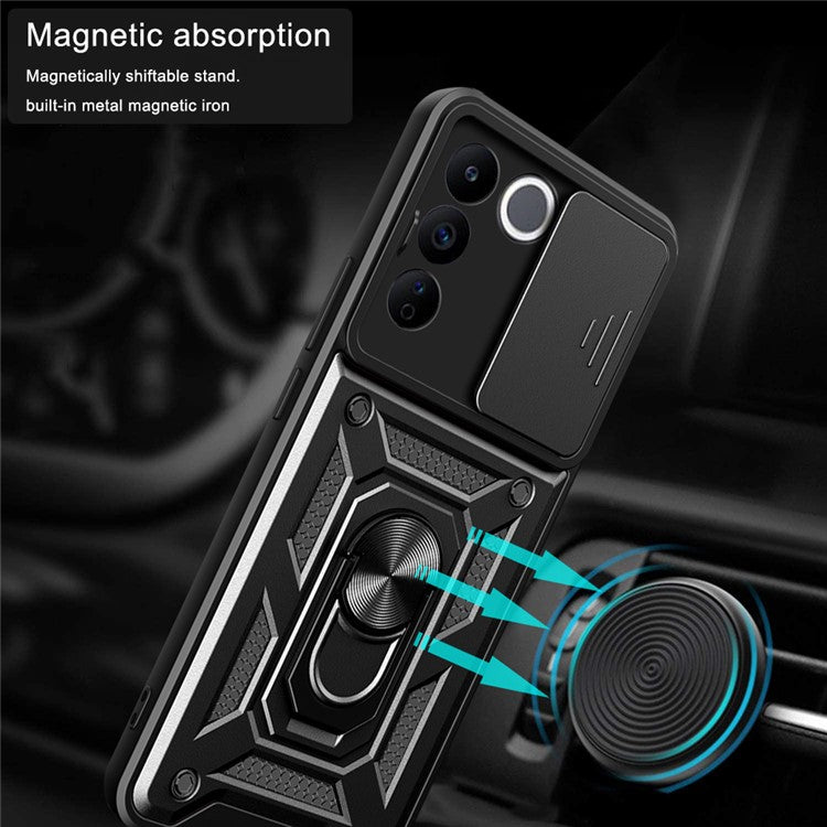 For vivo V27e 4G PC+TPU Phone Case Slide Lens Protection Shockproof Kickstand Phone Cover - Black