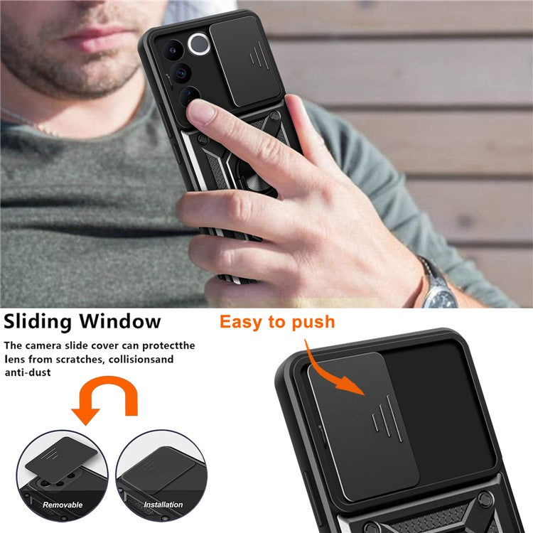 For vivo V27e 4G PC+TPU Phone Case Slide Lens Protection Shockproof Kickstand Phone Cover - Black