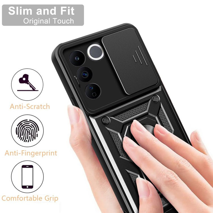 For vivo V27e 4G PC+TPU Phone Case Slide Lens Protection Shockproof Kickstand Phone Cover - Black