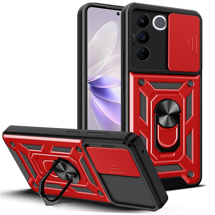 For vivo V27e 4G PC+TPU Phone Case Slide Lens Protection Shockproof Kickstand Phone Cover - Red