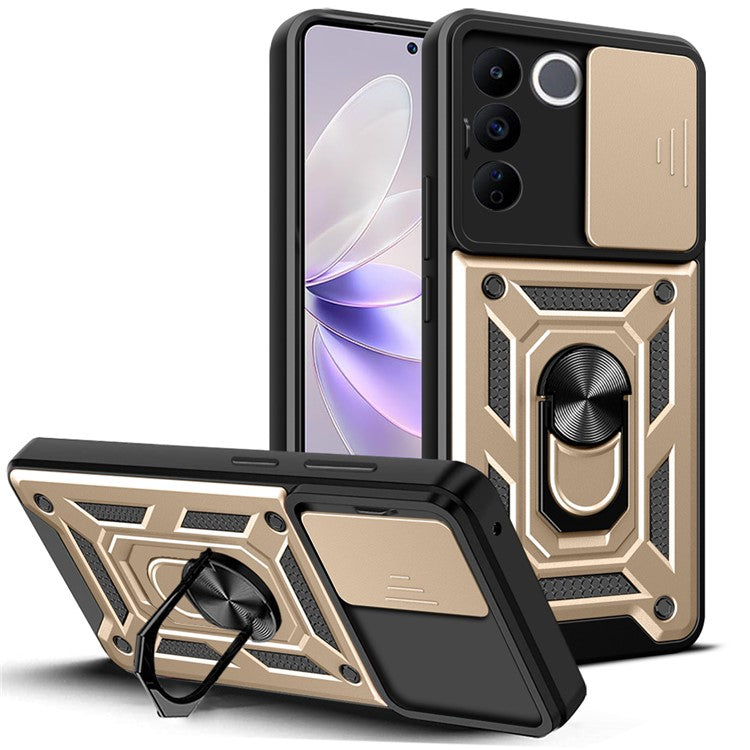 For vivo V27e 4G PC+TPU Phone Case Slide Lens Protection Shockproof Kickstand Phone Cover - Gold