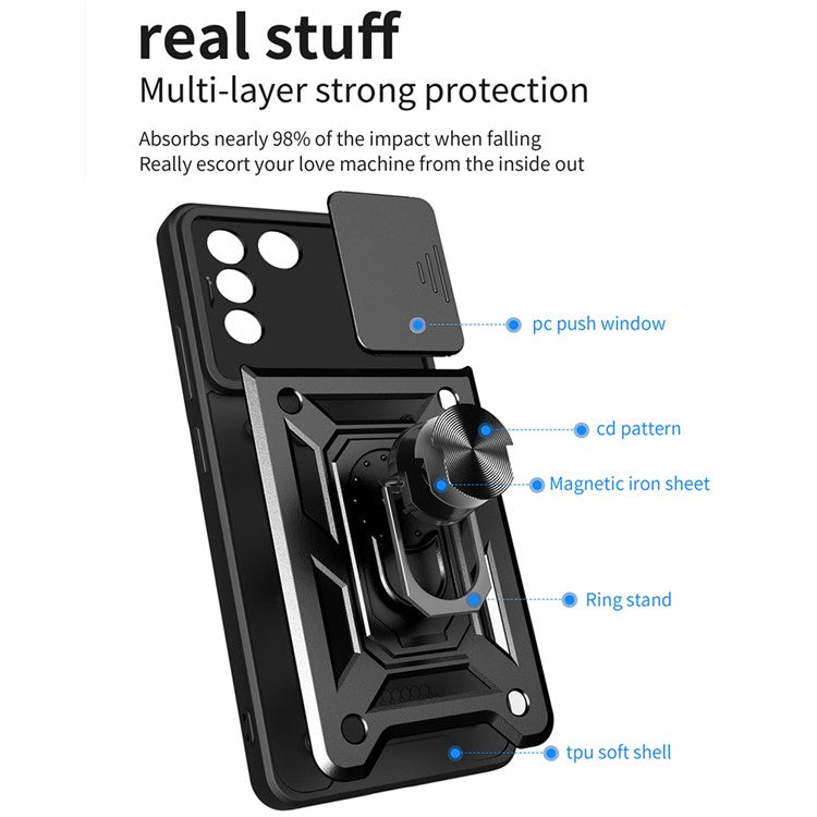 For vivo V27e 4G PC+TPU Phone Case Slide Lens Protection Shockproof Kickstand Phone Cover - Blue