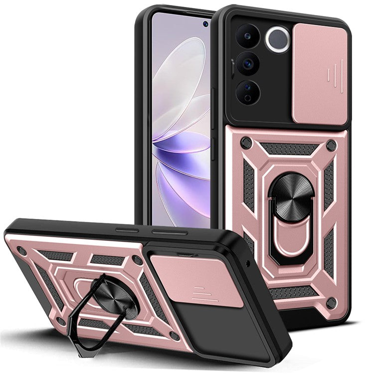 For vivo V27e 4G PC+TPU Phone Case Slide Lens Protection Shockproof Kickstand Phone Cover - Rose Gold