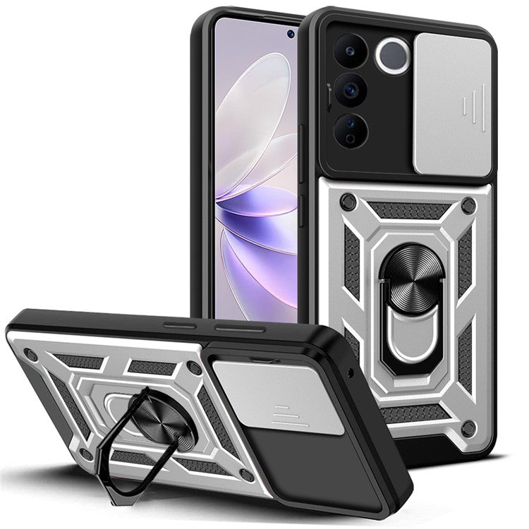 For vivo V27e 4G PC+TPU Phone Case Slide Lens Protection Shockproof Kickstand Phone Cover - Silver