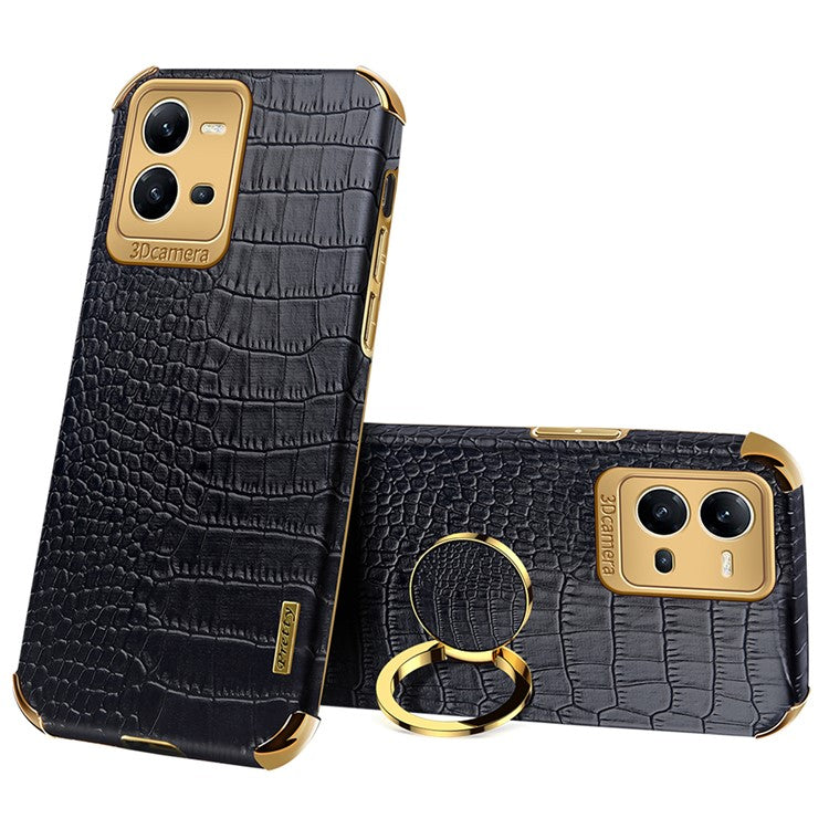 For vivo V25 5G Crocodile Texture Electroplating Cover Ring Kickstand PU Leather Coated TPU Phone Case - Black