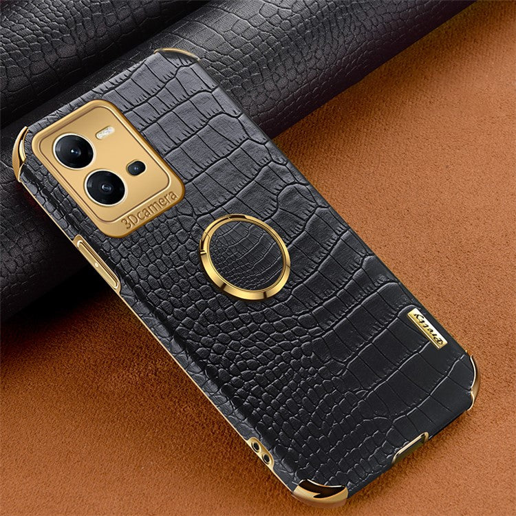 For vivo V25 5G Crocodile Texture Electroplating Cover Ring Kickstand PU Leather Coated TPU Phone Case - Black