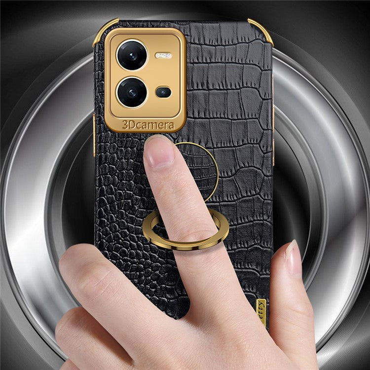 For vivo V25 5G Crocodile Texture Electroplating Cover Ring Kickstand PU Leather Coated TPU Phone Case - Black