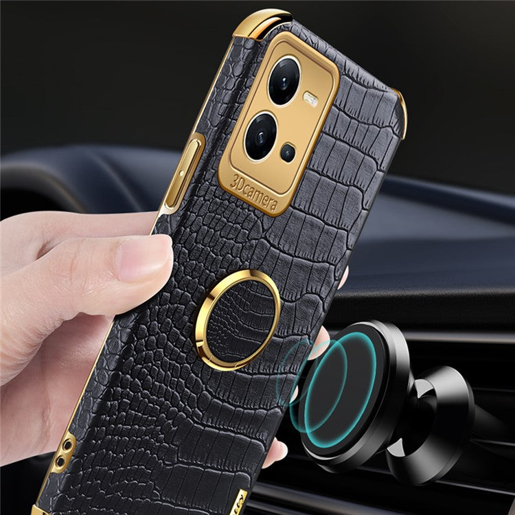 For vivo V25 5G Crocodile Texture Electroplating Cover Ring Kickstand PU Leather Coated TPU Phone Case - Black