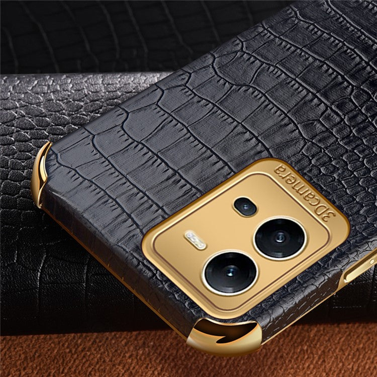 For vivo V25 5G Crocodile Texture Electroplating Cover Ring Kickstand PU Leather Coated TPU Phone Case - Black