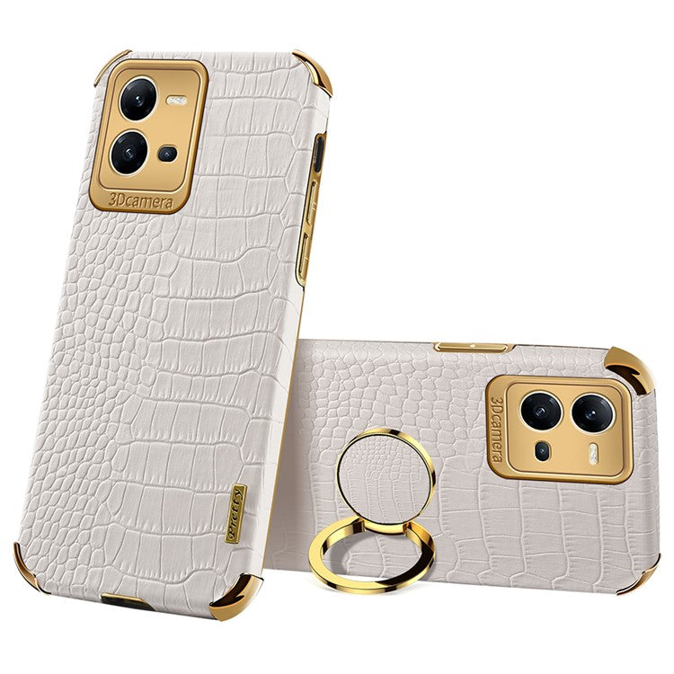 For vivo V25 5G Crocodile Texture Electroplating Cover Ring Kickstand PU Leather Coated TPU Phone Case - White