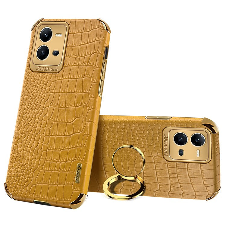 For vivo V25 5G Crocodile Texture Electroplating Cover Ring Kickstand PU Leather Coated TPU Phone Case - Yellow