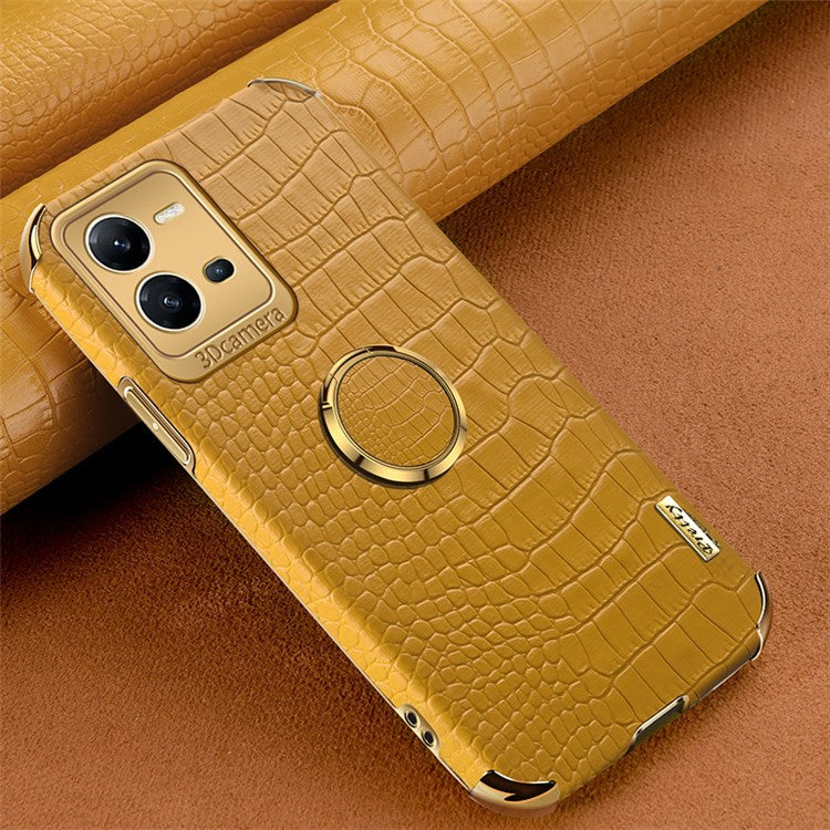 For vivo V25 5G Crocodile Texture Electroplating Cover Ring Kickstand PU Leather Coated TPU Phone Case - Yellow