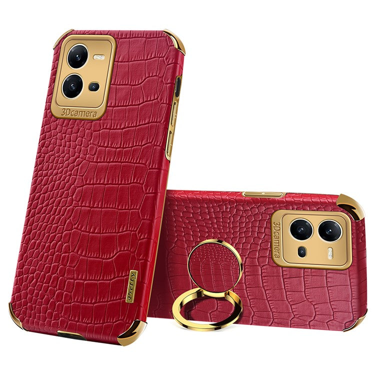 For vivo V25 5G Crocodile Texture Electroplating Cover Ring Kickstand PU Leather Coated TPU Phone Case - Red