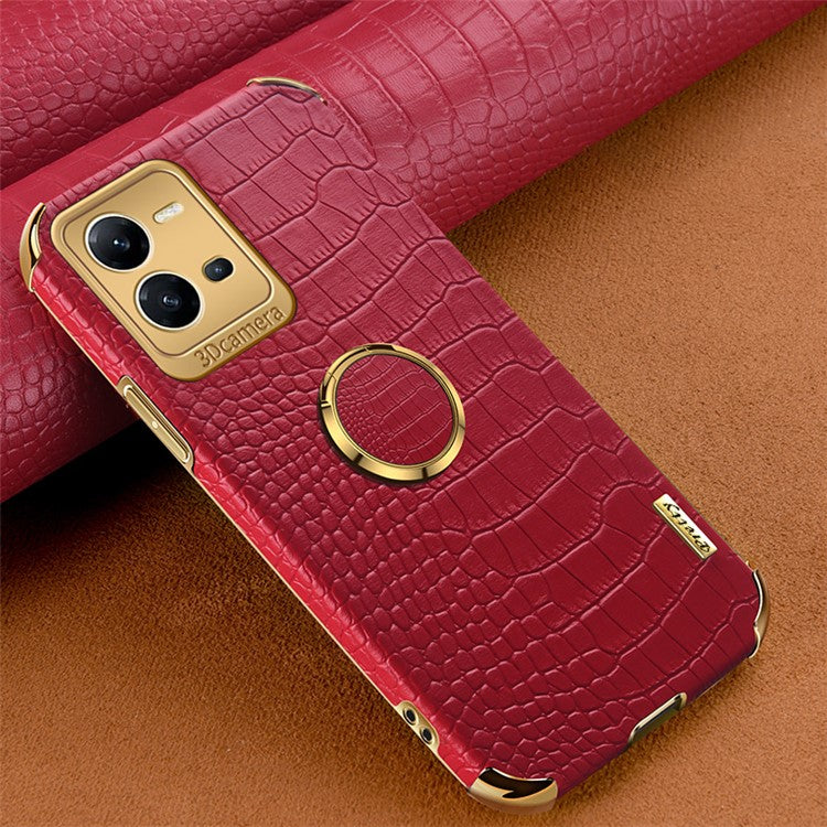 For vivo V25 5G Crocodile Texture Electroplating Cover Ring Kickstand PU Leather Coated TPU Phone Case - Red