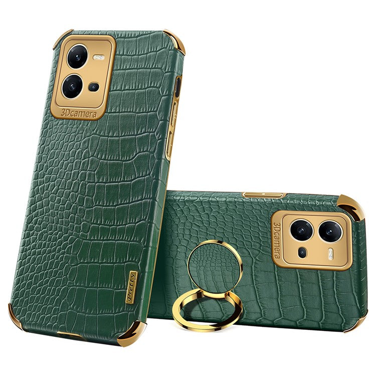 For vivo V25 5G Crocodile Texture Electroplating Cover Ring Kickstand PU Leather Coated TPU Phone Case - Green