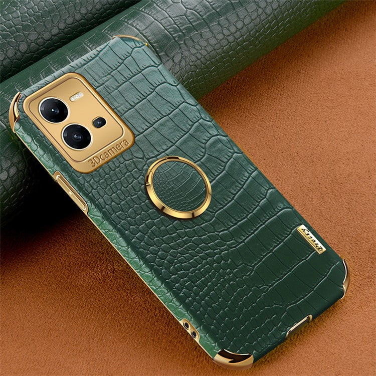 For vivo V25 5G Crocodile Texture Electroplating Cover Ring Kickstand PU Leather Coated TPU Phone Case - Green