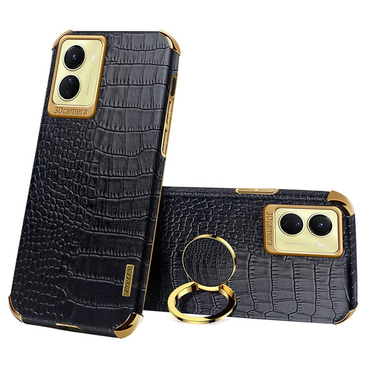 For vivo Y16 4G / Y02s 4G Crocodile Texture Ring Kickstand Case 6D Electroplating Leather Coated TPU Anti-drop Cover - Black