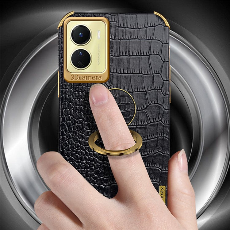 For vivo Y16 4G / Y02s 4G Crocodile Texture Ring Kickstand Case 6D Electroplating Leather Coated TPU Anti-drop Cover - Black