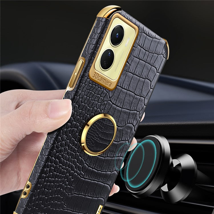 For vivo Y16 4G / Y02s 4G Crocodile Texture Ring Kickstand Case 6D Electroplating Leather Coated TPU Anti-drop Cover - Black