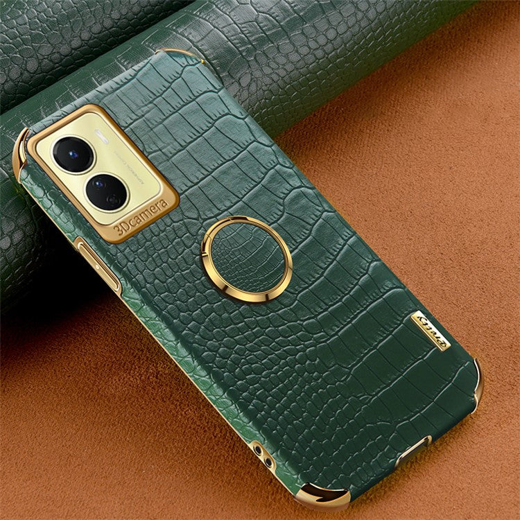 For vivo Y16 4G / Y02s 4G Crocodile Texture Ring Kickstand Case 6D Electroplating Leather Coated TPU Anti-drop Cover - Green