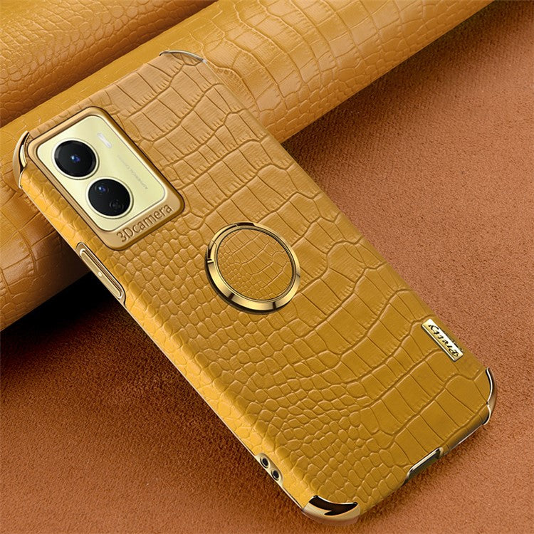 For vivo Y16 4G / Y02s 4G Crocodile Texture Ring Kickstand Case 6D Electroplating Leather Coated TPU Anti-drop Cover - Yellow