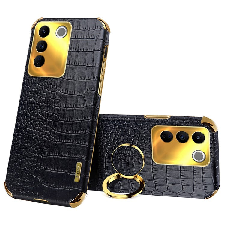 For vivo S16e 5G Precise Cutout  6D Electroplated Case Crocodile Texture Leather Coated TPU Cover with Ring Kickstand - Black