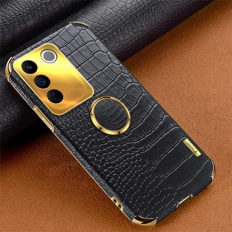 For vivo S16e 5G Precise Cutout  6D Electroplated Case Crocodile Texture Leather Coated TPU Cover with Ring Kickstand - Black