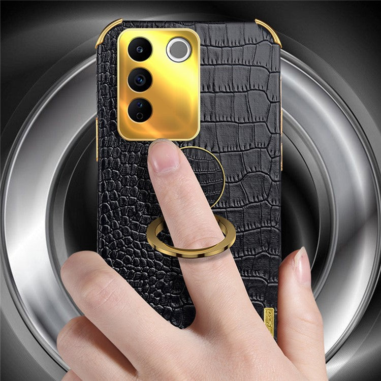 For vivo S16e 5G Precise Cutout  6D Electroplated Case Crocodile Texture Leather Coated TPU Cover with Ring Kickstand - Black