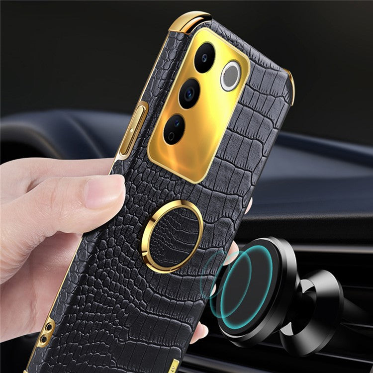 For vivo S16e 5G Precise Cutout  6D Electroplated Case Crocodile Texture Leather Coated TPU Cover with Ring Kickstand - Black