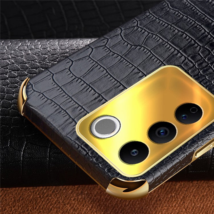 For vivo S16e 5G Precise Cutout  6D Electroplated Case Crocodile Texture Leather Coated TPU Cover with Ring Kickstand - Black