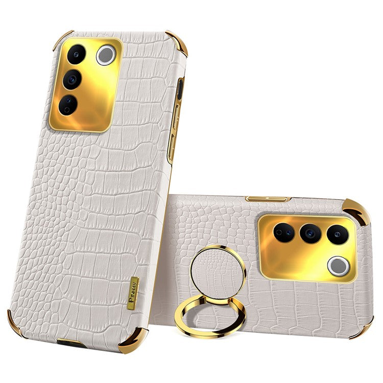 For vivo S16e 5G Precise Cutout  6D Electroplated Case Crocodile Texture Leather Coated TPU Cover with Ring Kickstand - White