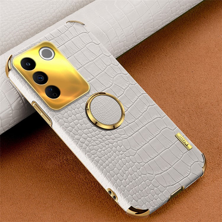 For vivo S16e 5G Precise Cutout  6D Electroplated Case Crocodile Texture Leather Coated TPU Cover with Ring Kickstand - White